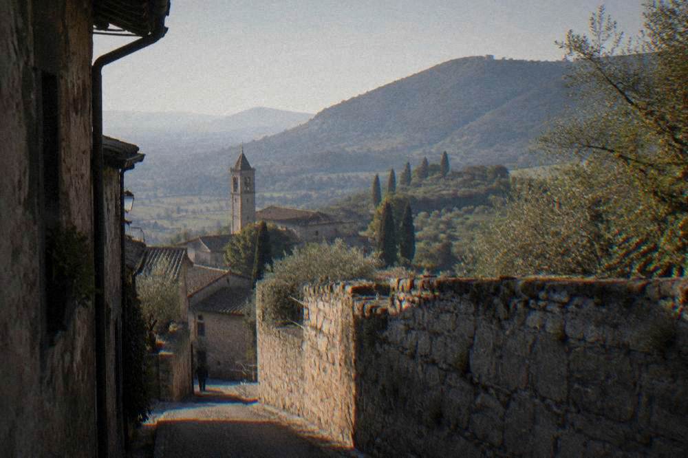 Rolling green hills with vines and a hilltop village