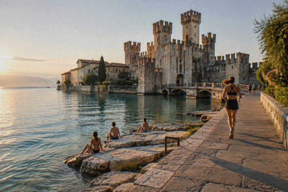 Swimmers sitting on flat limestone rocks at the edge of a clear lake