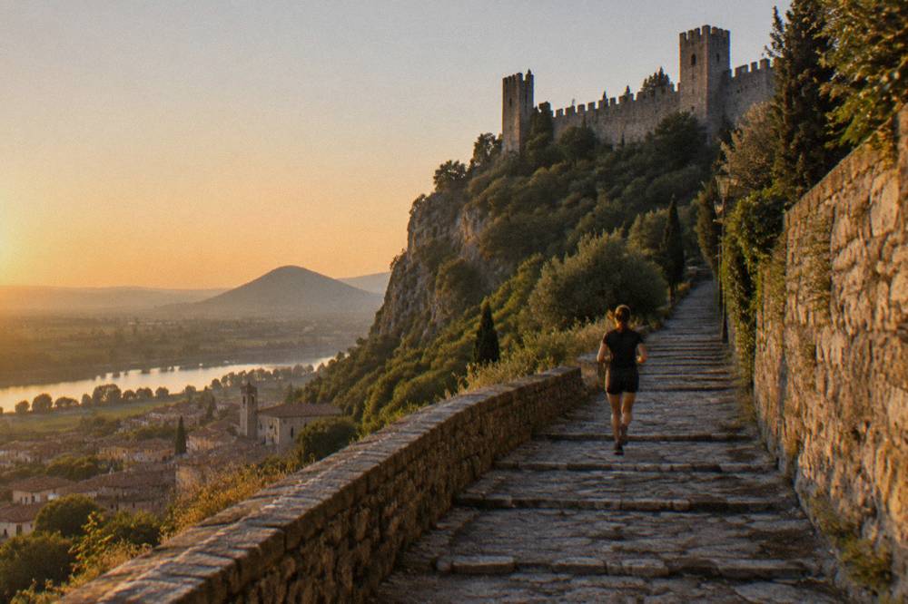 A stone path climbing a hillside toward castle walls under a clear sky