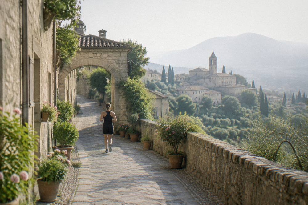 A small stone village street with arched passageways and potted plants in the Euganean Hills