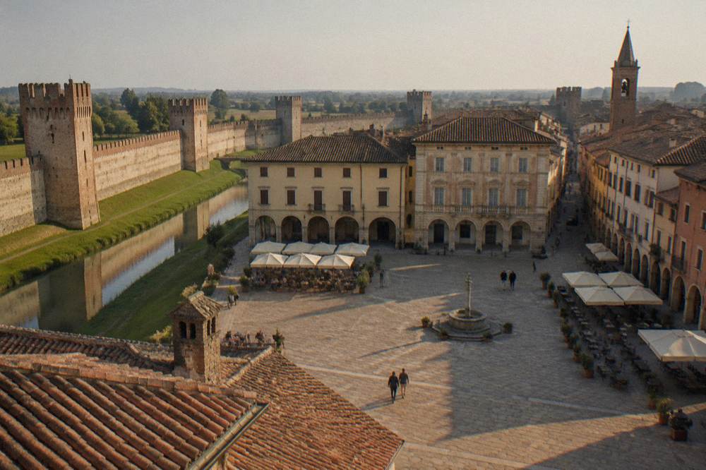 Montagnana's main square with cafe tables and old facades in morning light