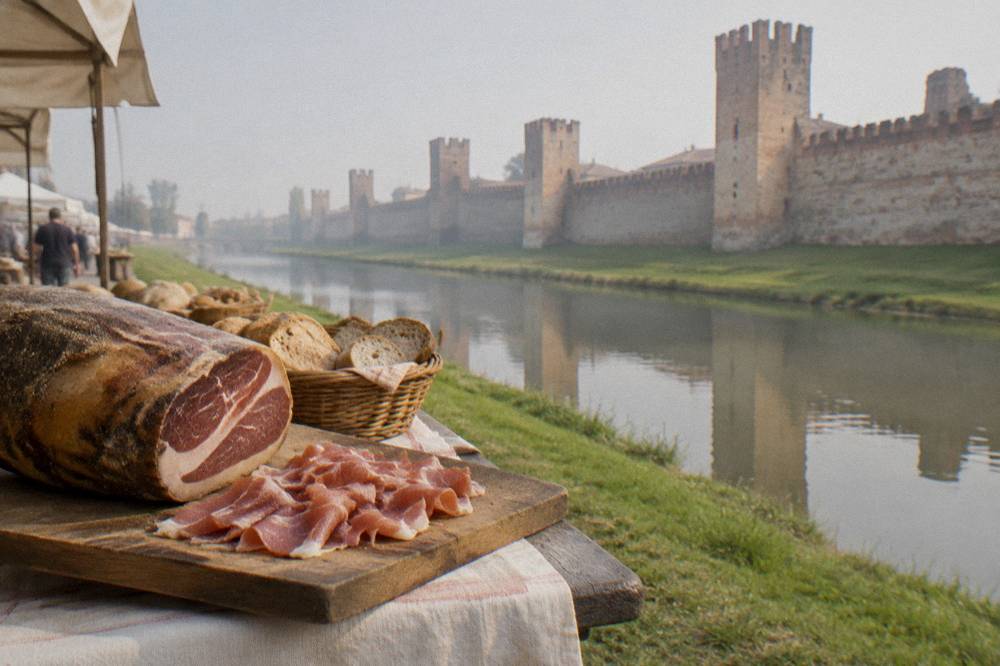 Sliced cured ham on a wooden board with bread on a market table