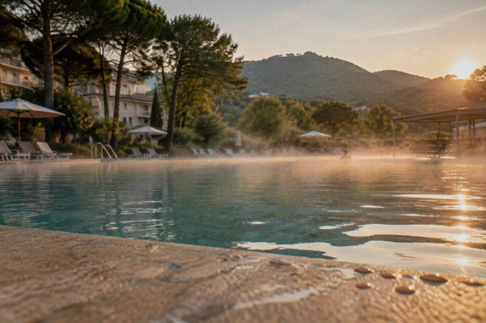 Steaming outdoor thermal pool with sun loungers and green hills in the background
