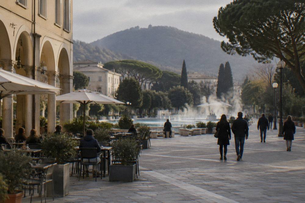 A town square in a spa town with arcades, cafe tables and pedestrians in the late afternoon