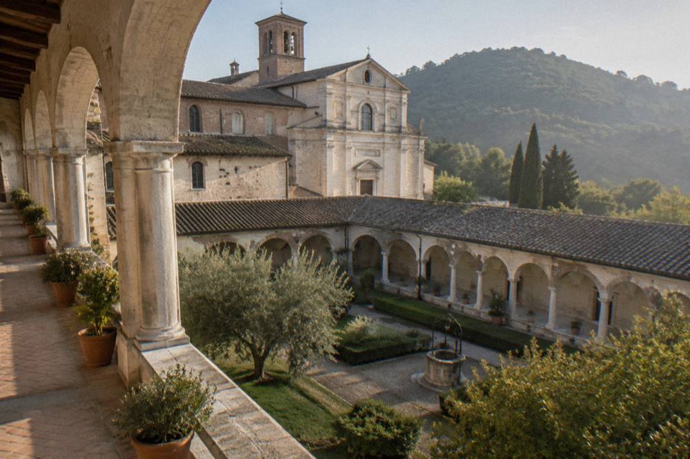 A cloister walkway with stone arches and potted plants along one side
