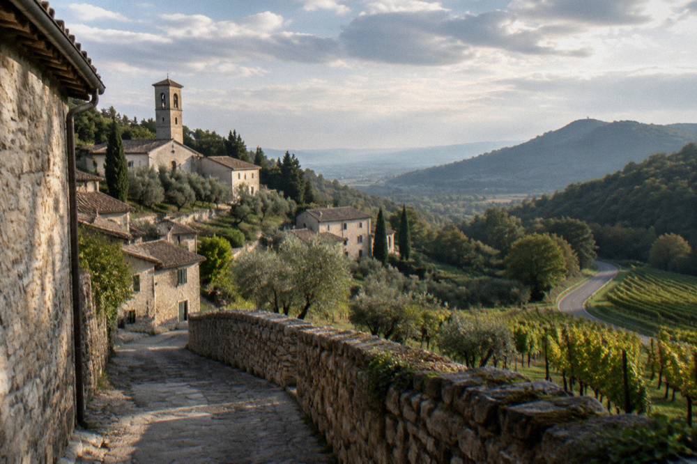 A rural road winding between vineyards and wooded hills in morning light