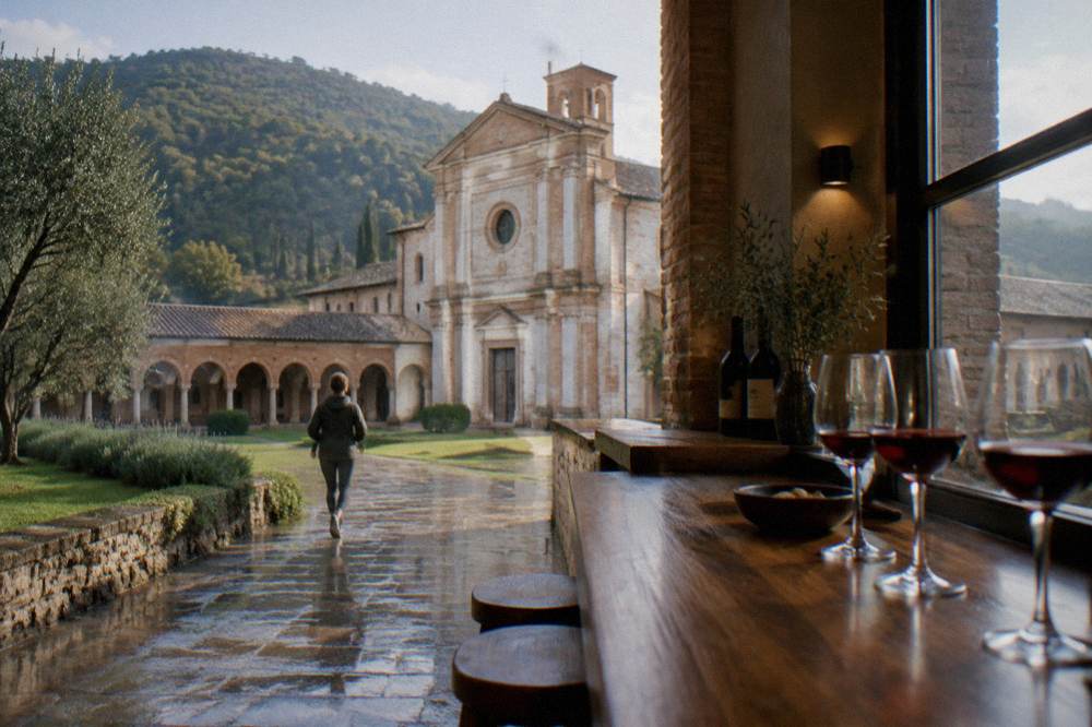 A tasting room with glasses of red wine on a wooden counter beside a window