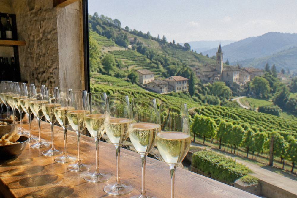 Rows of prosecco glasses lined up on a wooden tasting counter in a cellar