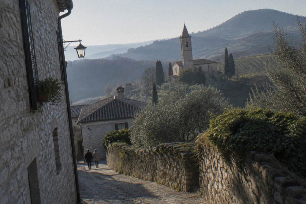 A hilltop church tower rising above vineyards and woods in the Veneto pre-Alps
