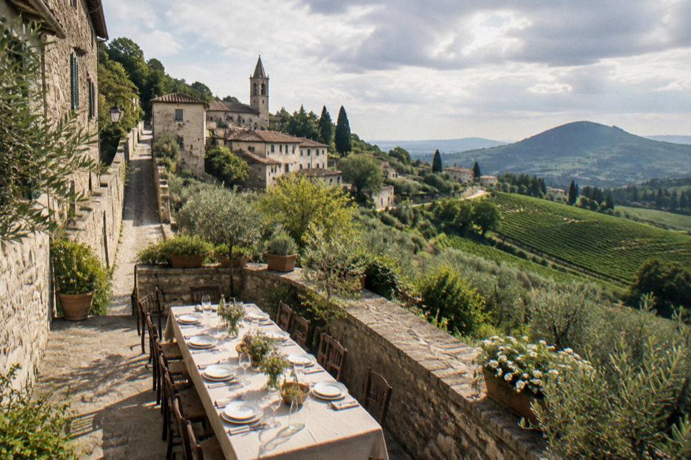 A long table set for lunch on a terrace overlooking prosecco vineyards