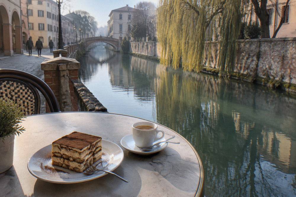 A slice of tiramisù on a small plate beside a cup of espresso on a cafe table