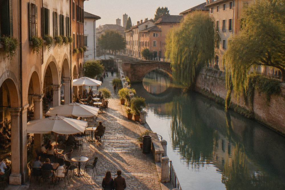 A cobbled square in Treviso with cafe tables under the arcades at midday