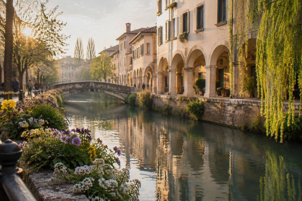 Flowers along a Treviso canal in spring with pale arcaded facades behind