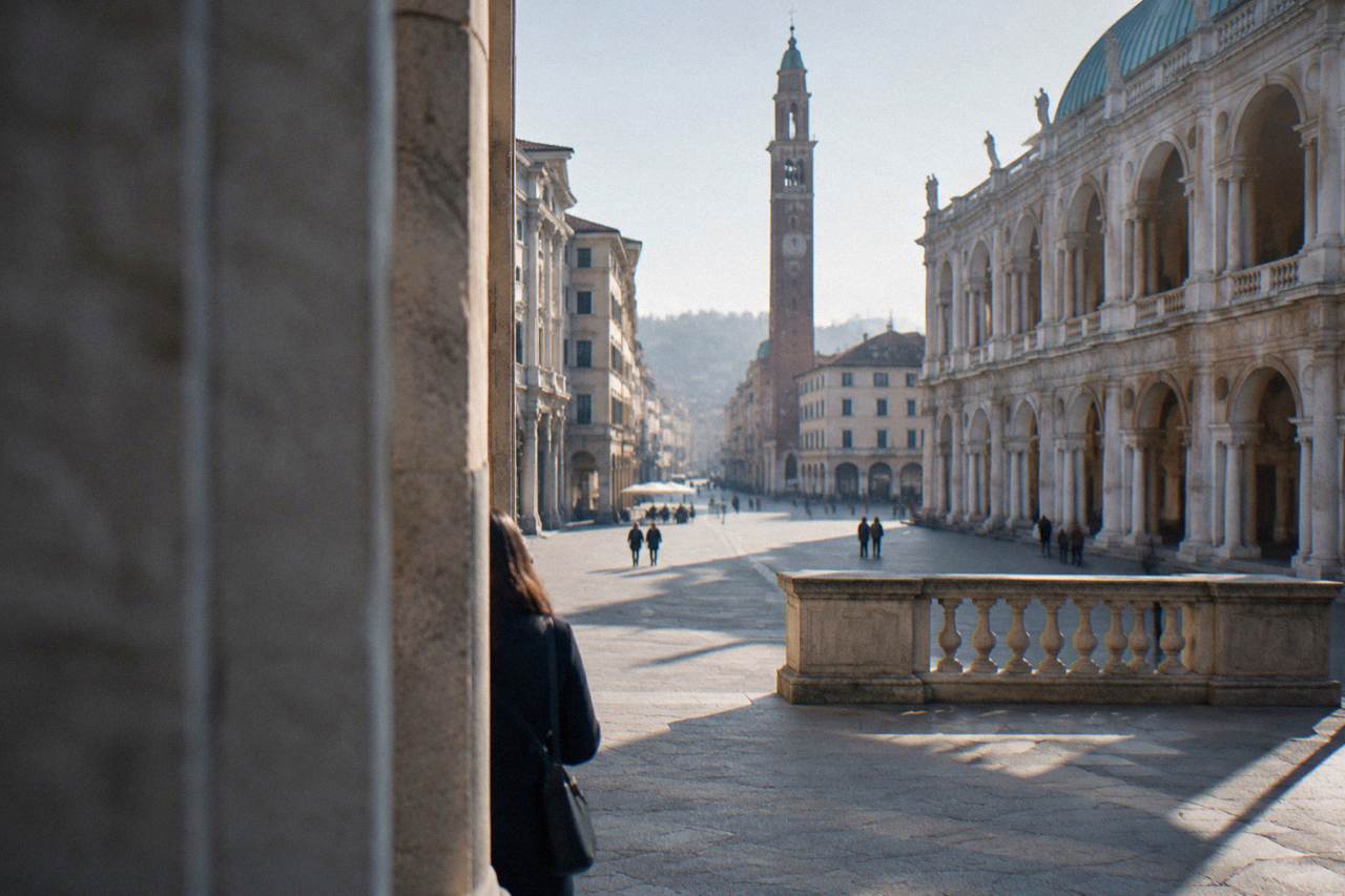 A classical stone building with arched porticoes standing above a sunny Italian piazza