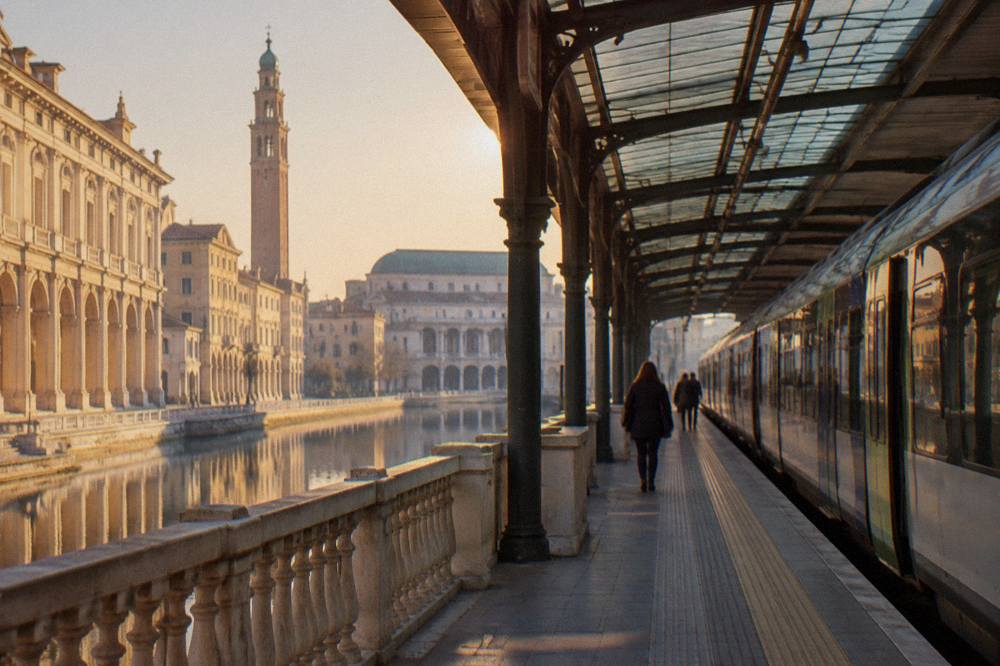 A regional train waiting at an Italian railway platform under a glass roof