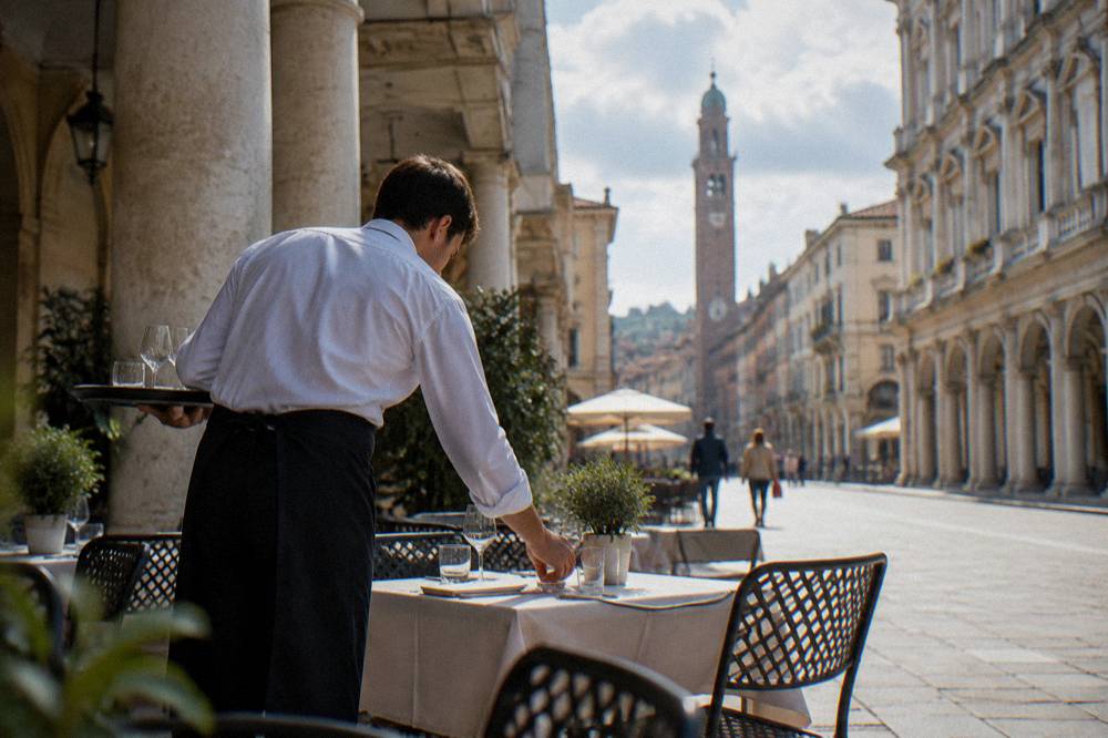 A waiter setting a table outside a cafe on an arcaded Italian street