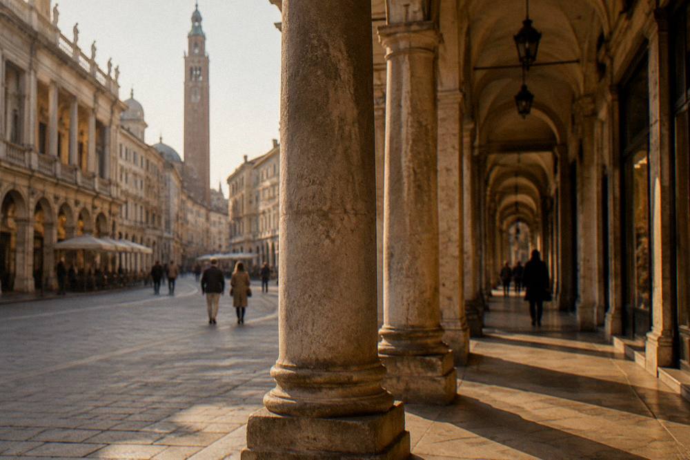 A golden stone arcade with shops in shadow at midday in an Italian city