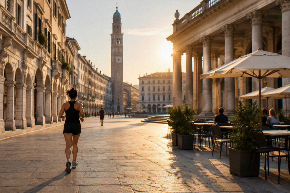 A stone plaza with cafe tables and a classical columned building at golden hour
