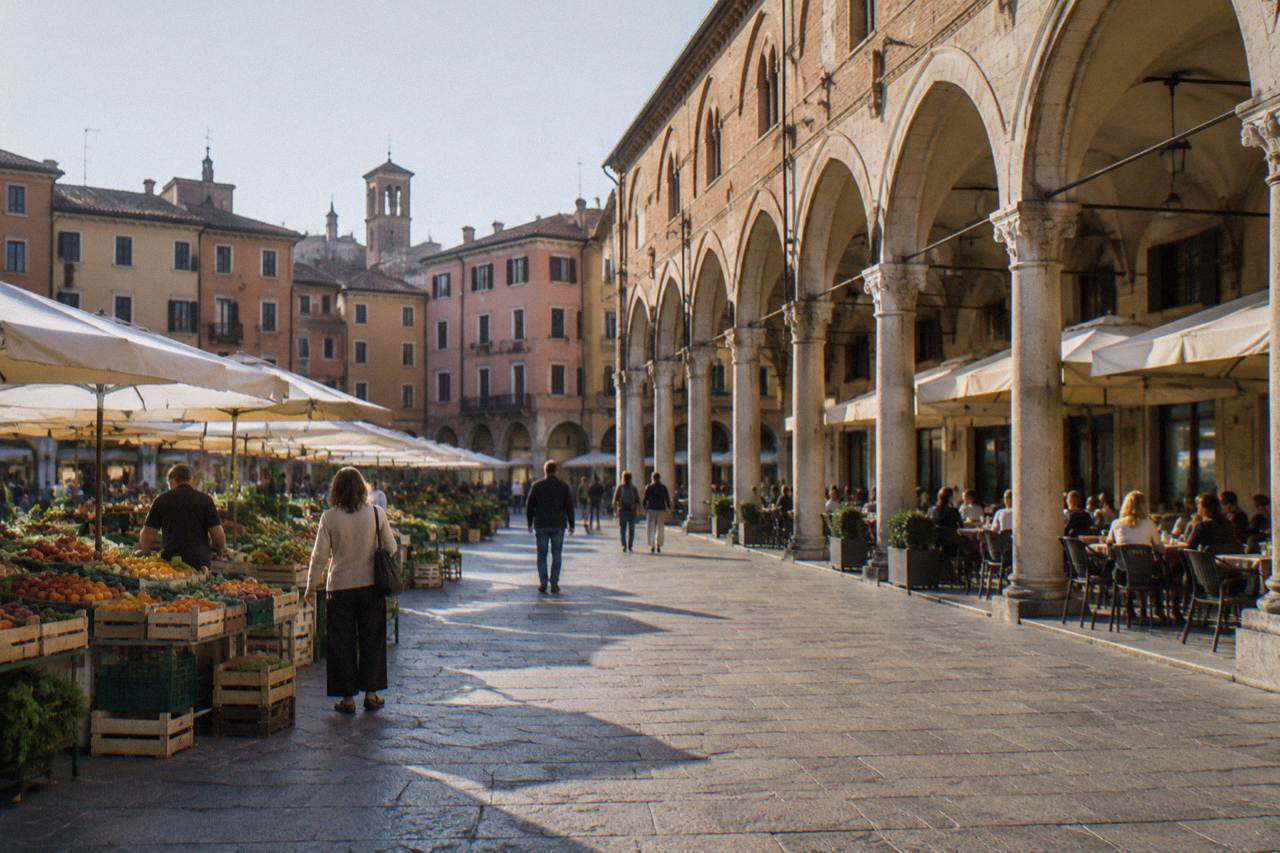 Arcaded market square in central Padua with cafe tables under the porticoes in late afternoon light