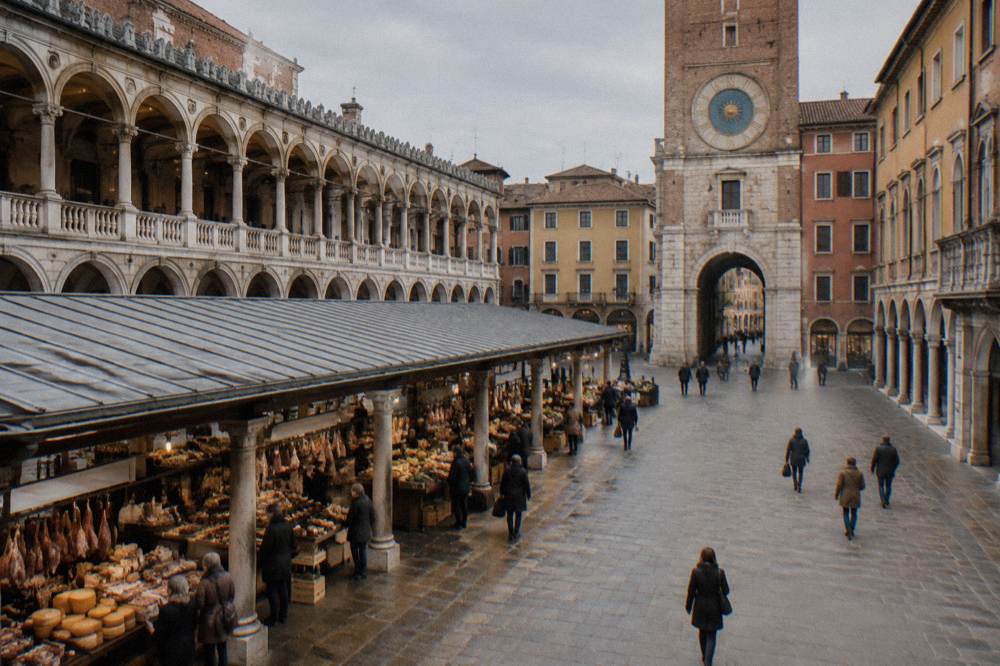 Covered food market hall with stalls of cheese, cured meats and produce