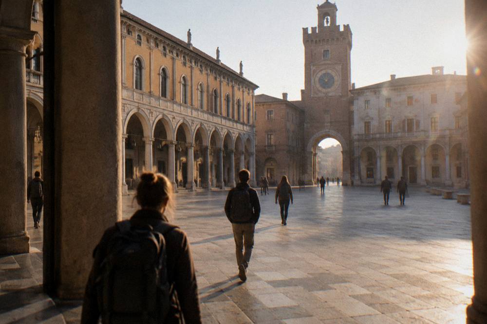 Travellers with backpacks walking through an Italian railway station concourse in morning light
