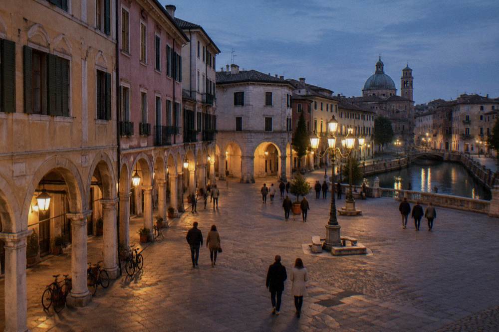 Visitors on an evening walk through a lamplit square in Padua