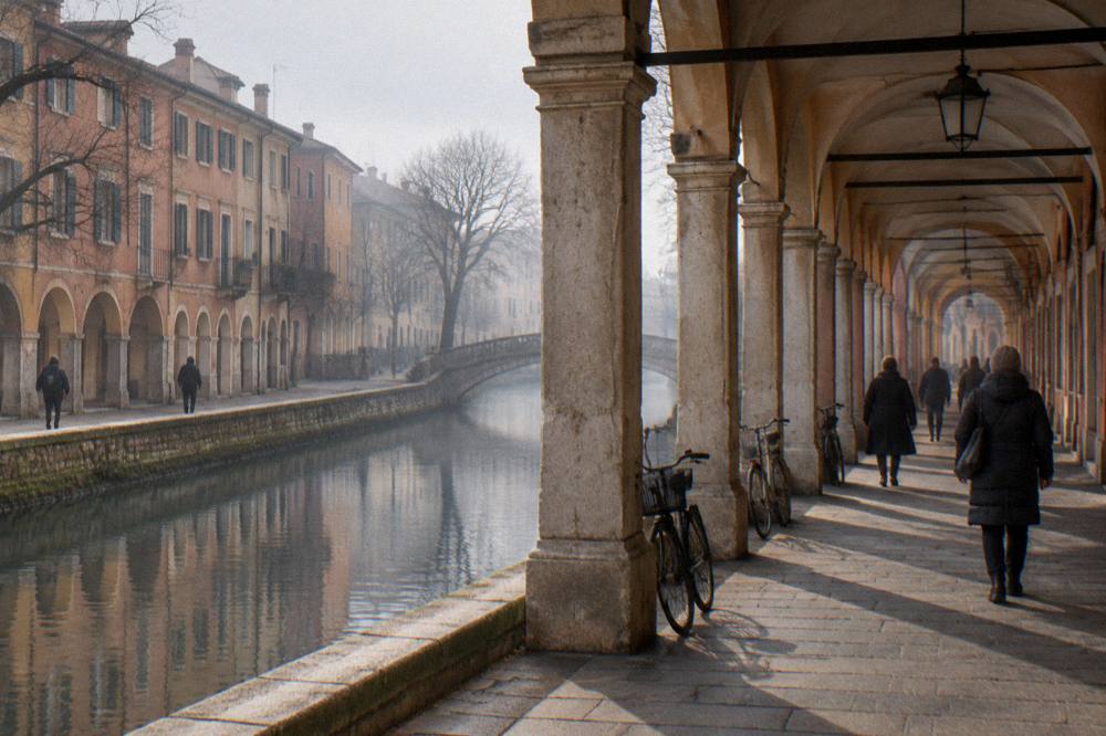 Covered arcade in Padua with winter light on the historic facades