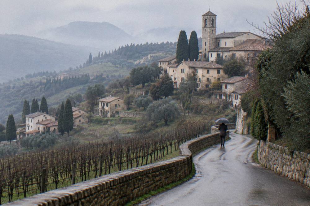 A narrow country road curving between vineyards and stone walls on a hillside