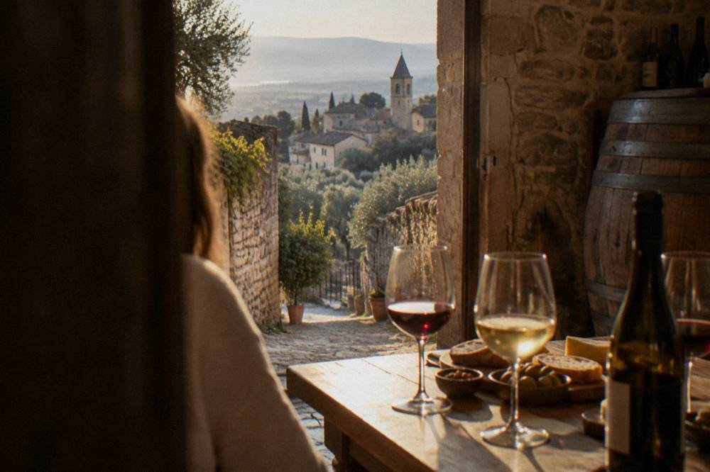 A tasting table with glasses of red and white wine, bread and a bottle in a cellar