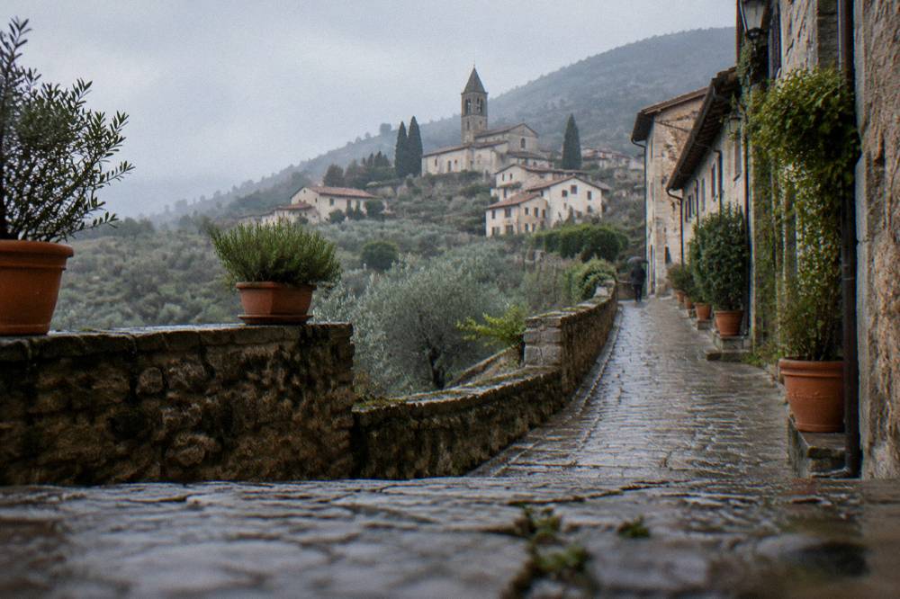 A stone village street climbing a hillside with old houses and potted plants