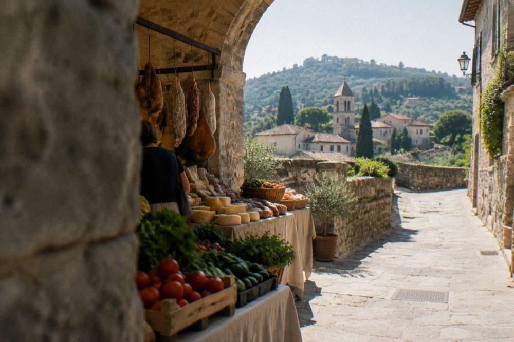 A market stall with fresh vegetables, cheese and cured meats under a stone archway