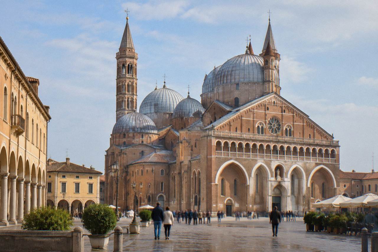 The domes and brick facade of the Basilica of Saint Anthony in Padua seen from the piazza on a bright day