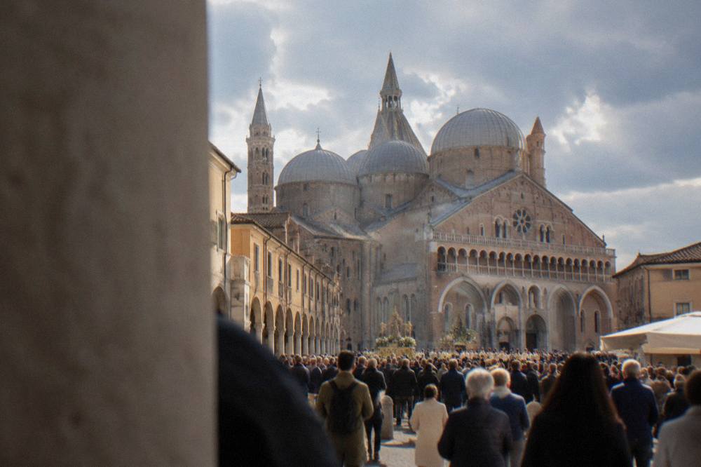 Crowds gathered in the square outside the Basilica of Saint Anthony in Padua during a religious celebration