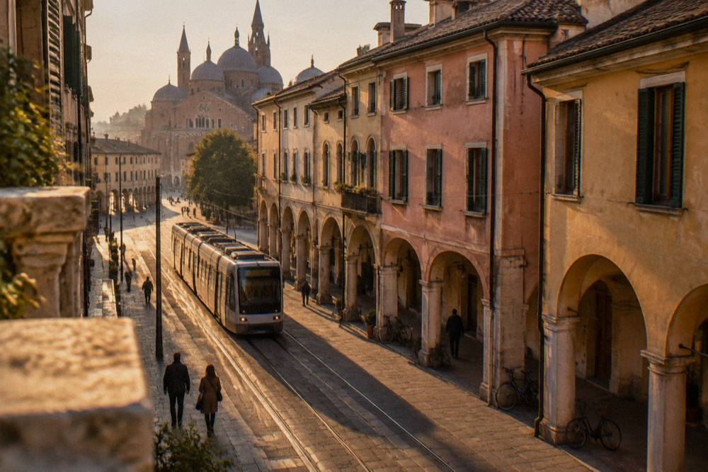 A tram passing through a street in central Padua near the basilica quarter