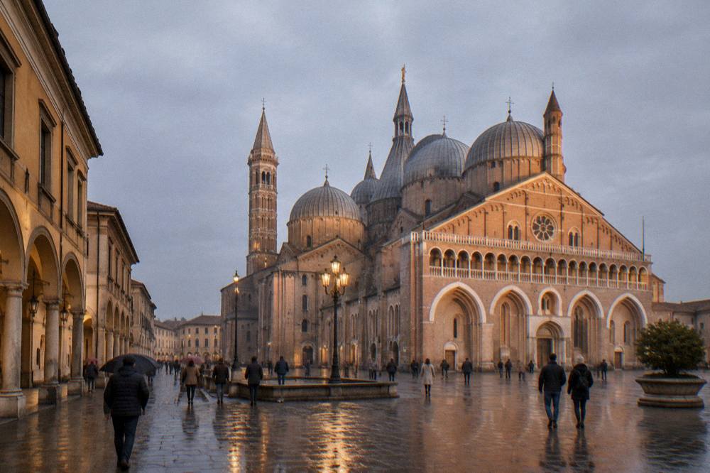 Evening light on the domes of the Basilica of Saint Anthony in Padua with people in the square below
