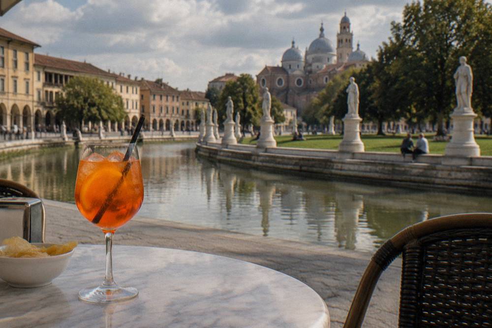 An orange aperitif drink on a marble bar counter in an Italian café