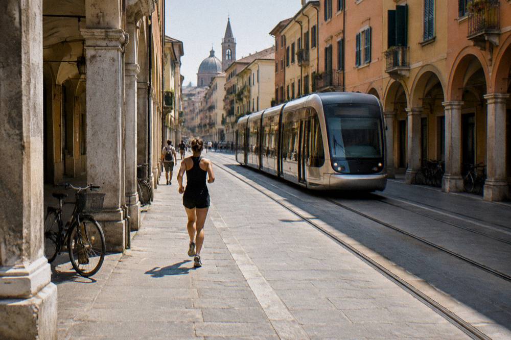 A modern tram moving along a street with old arcaded buildings in Padua