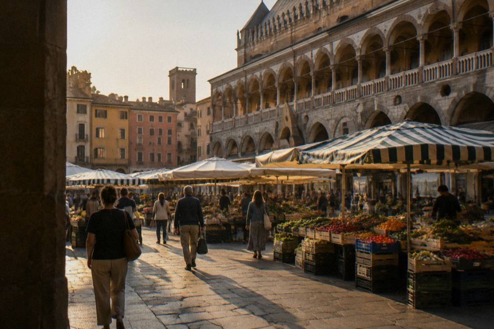 A busy market square in Padua with striped market stalls under medieval arcades