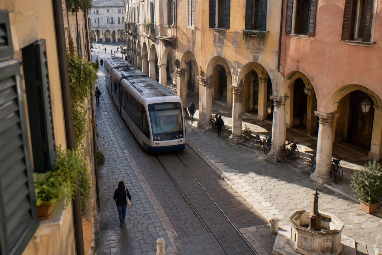 A Padua street with arcades and a tram passing under the porticoes