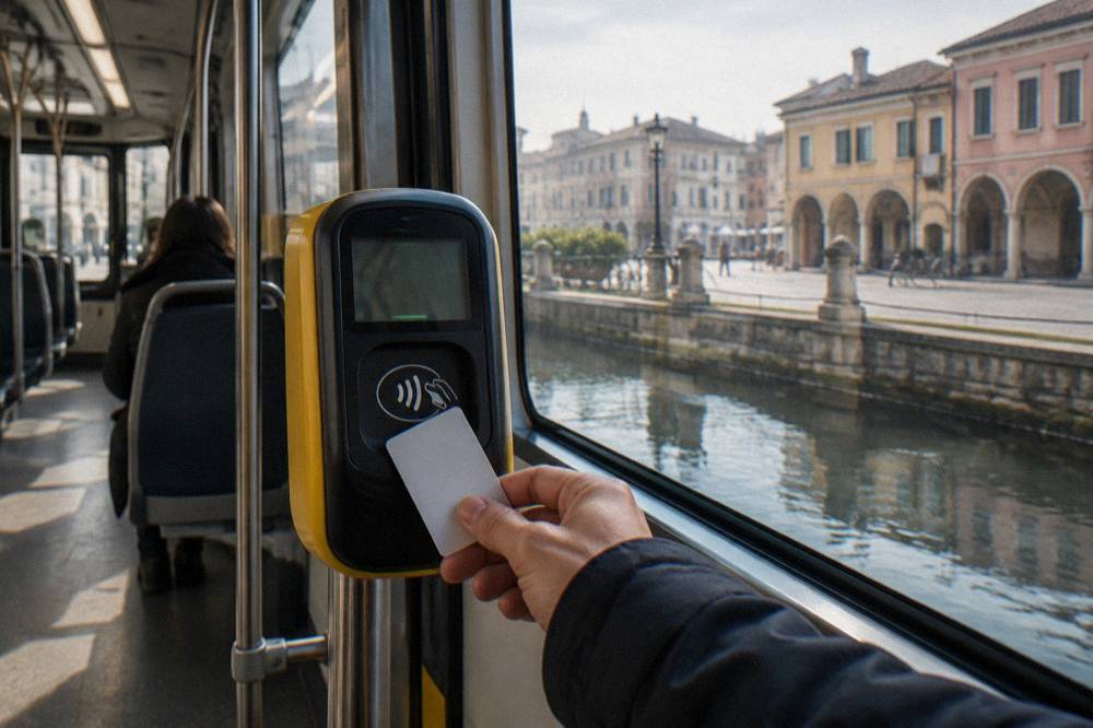 A contactless card being tapped on a validator inside a Padua tram