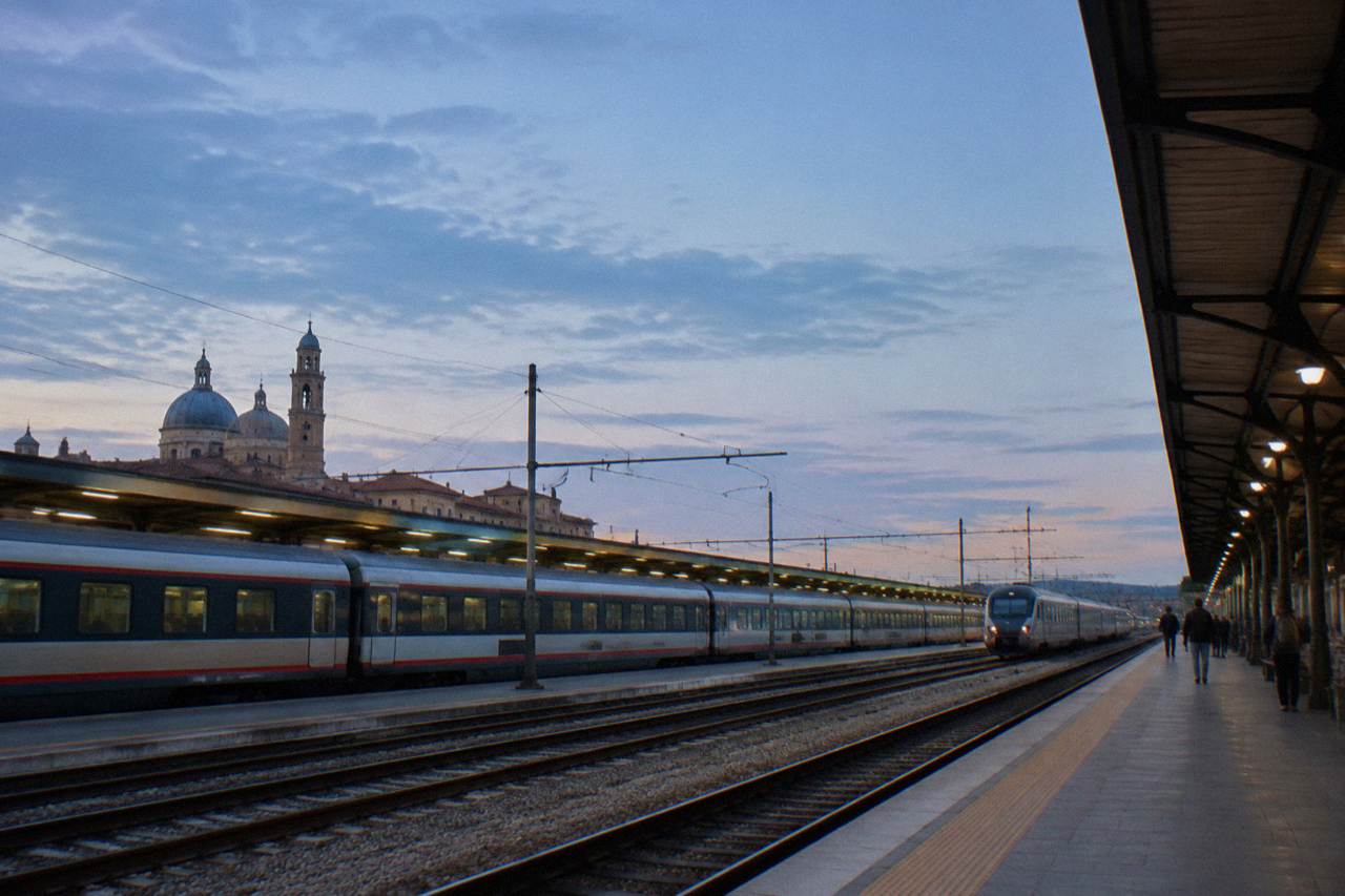 Trains parked at the platforms of Padua railway station under a wide afternoon sky