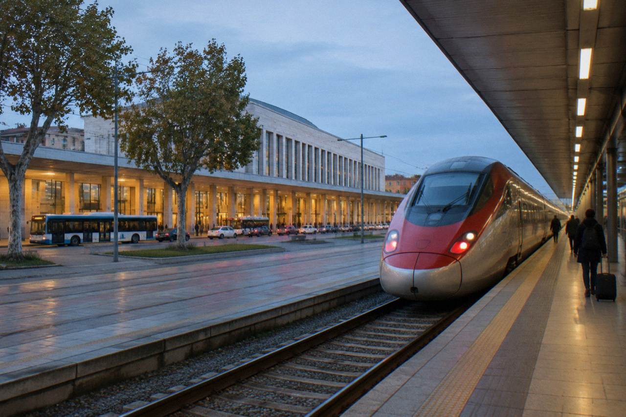 A high-speed train standing at a platform beside a modern Italian railway station concourse