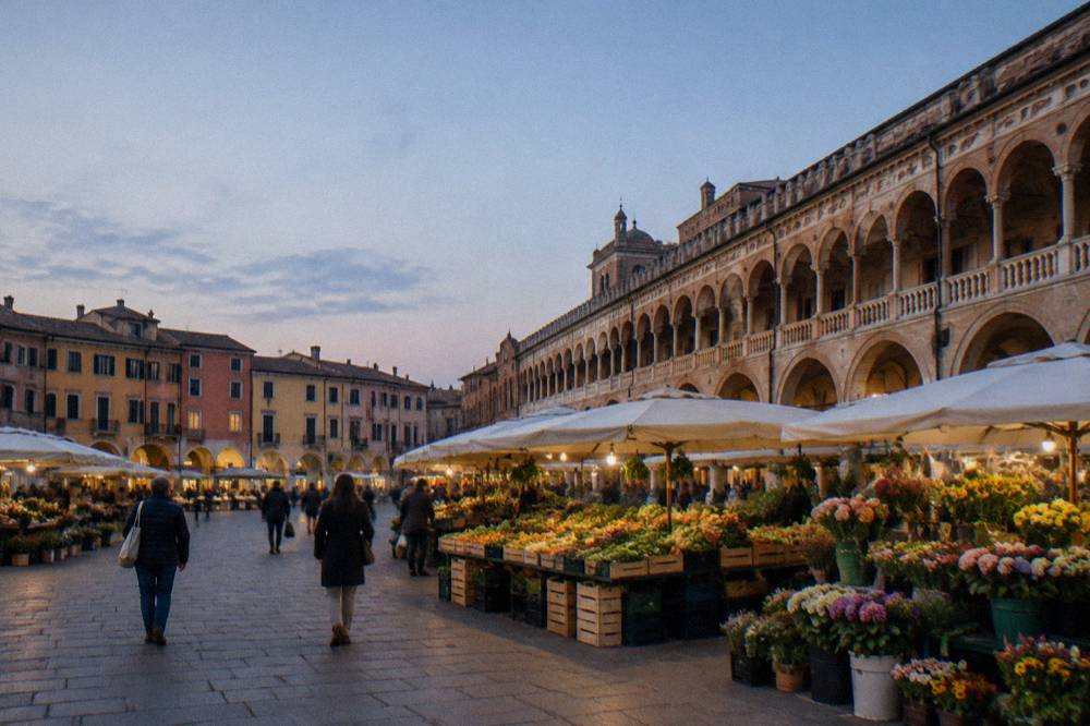 Stalls with vegetables and flowers filling an arcaded Italian market square