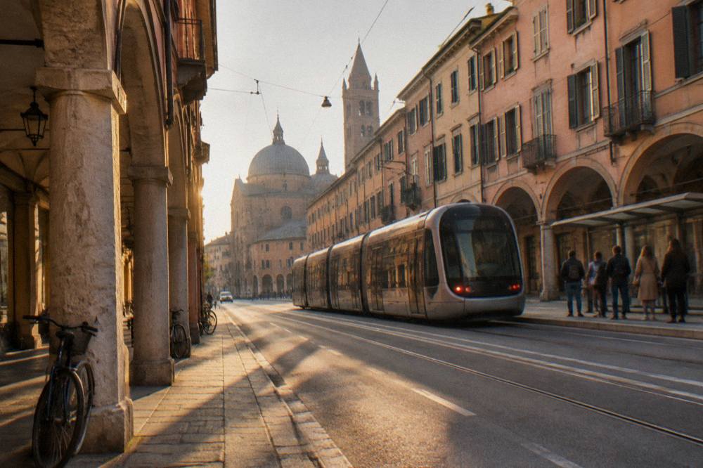 A modern tram moving along a street in Padua with passengers waiting at a stop