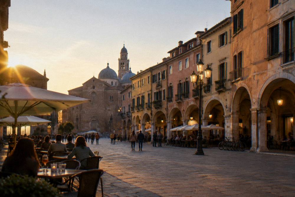 An evening piazza in Padua lit by lamps with people at outdoor tables under historic buildings