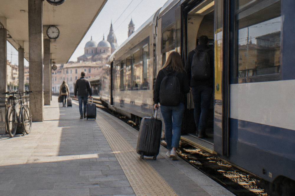 Passengers with a suitcase boarding a regional train at Padua railway station