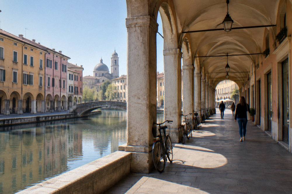 Covered portico sidewalk in Padua sheltering a level walking route between shops
