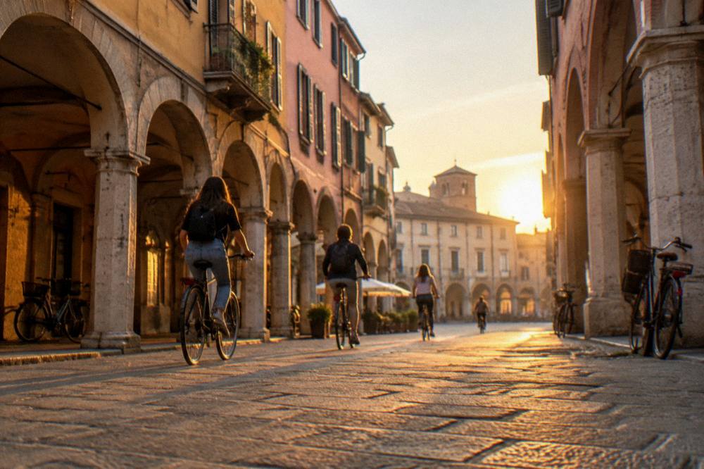 Students cycling past old arcades in the centre of Padua