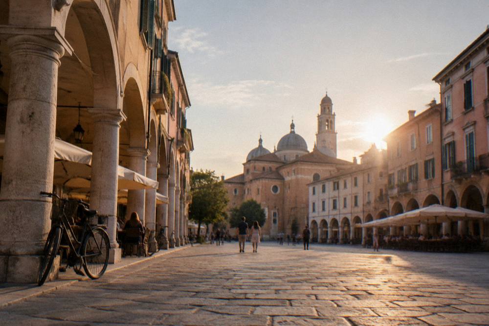 Evening light on a Padua square with cafe tables under the arcades