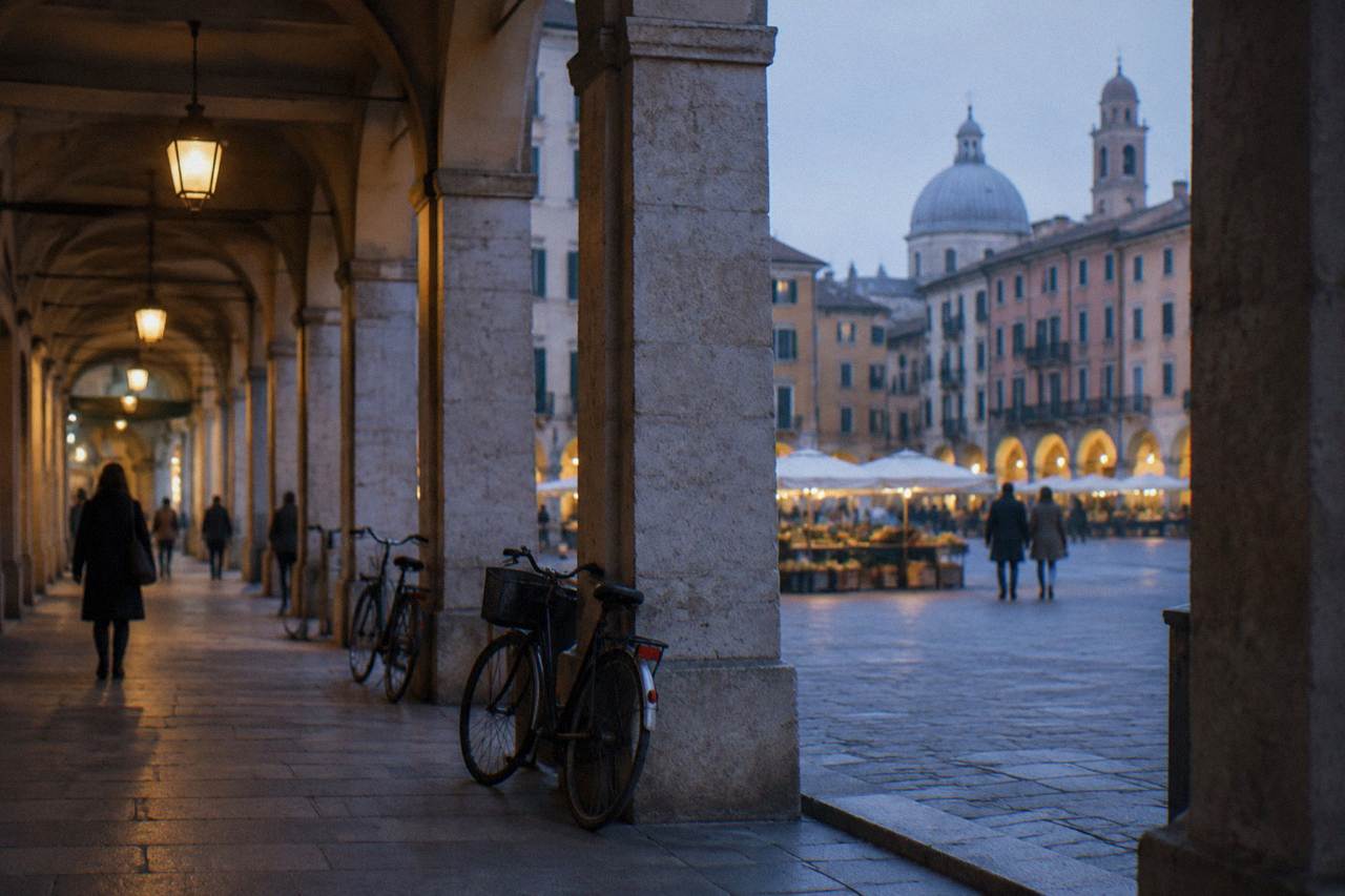 Arcaded street in central Padua with the market squares beyond